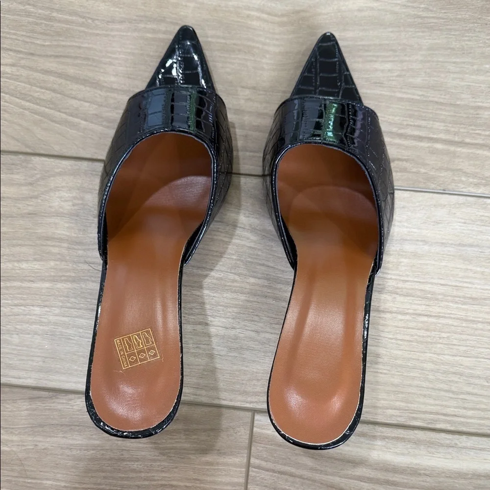 SHEIN Black Croc-Embossed Pointed Toe Mule Heels